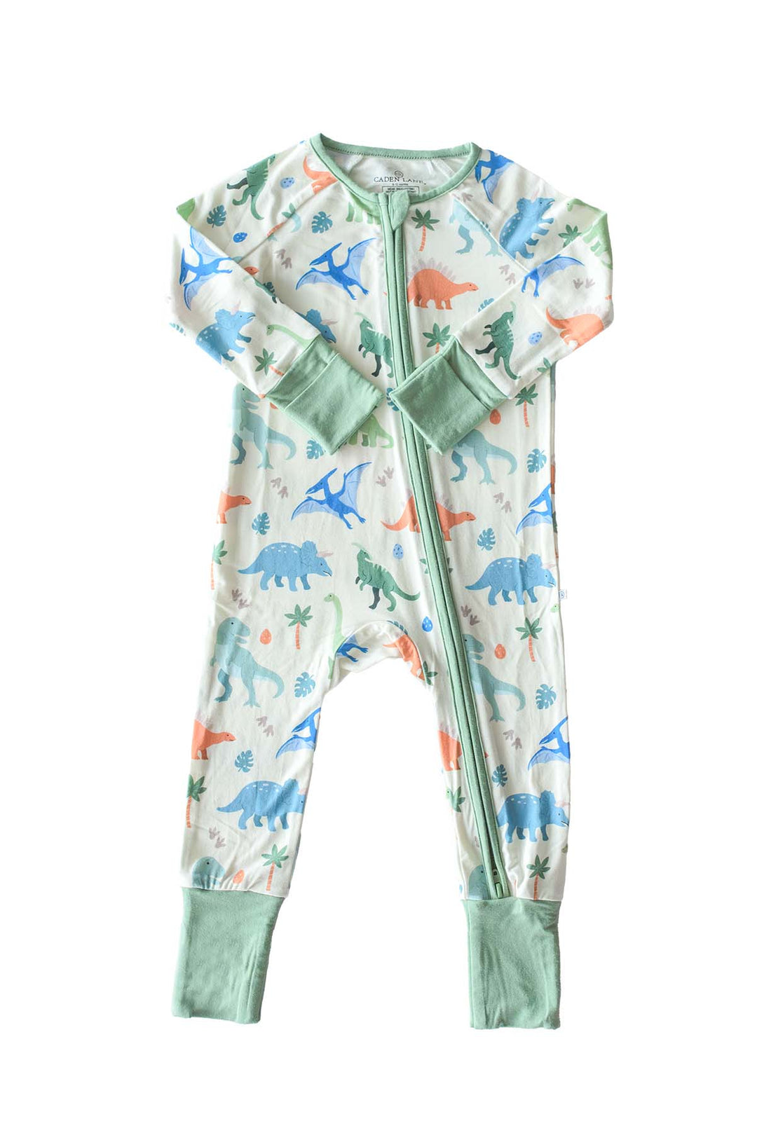 blue, orange and green dinosaur zip romper pajama 