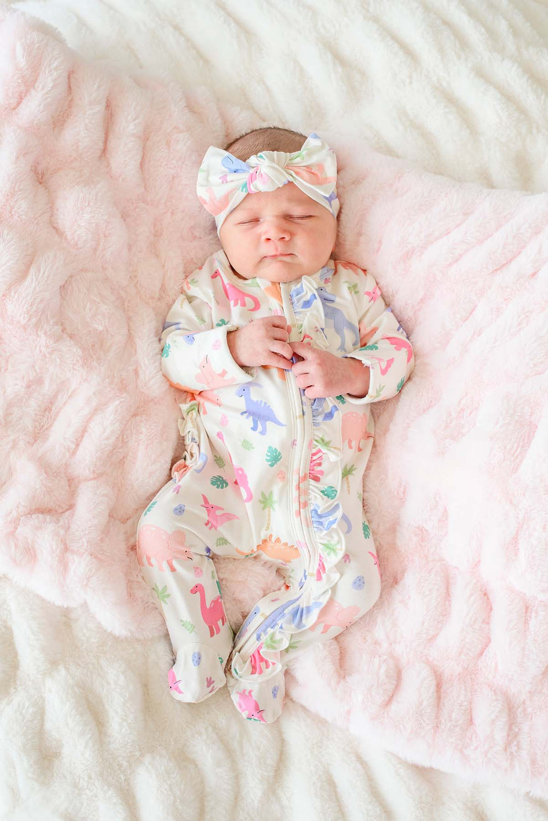 pastel dinosaur ruffle zipper footie pajama for baby girls 