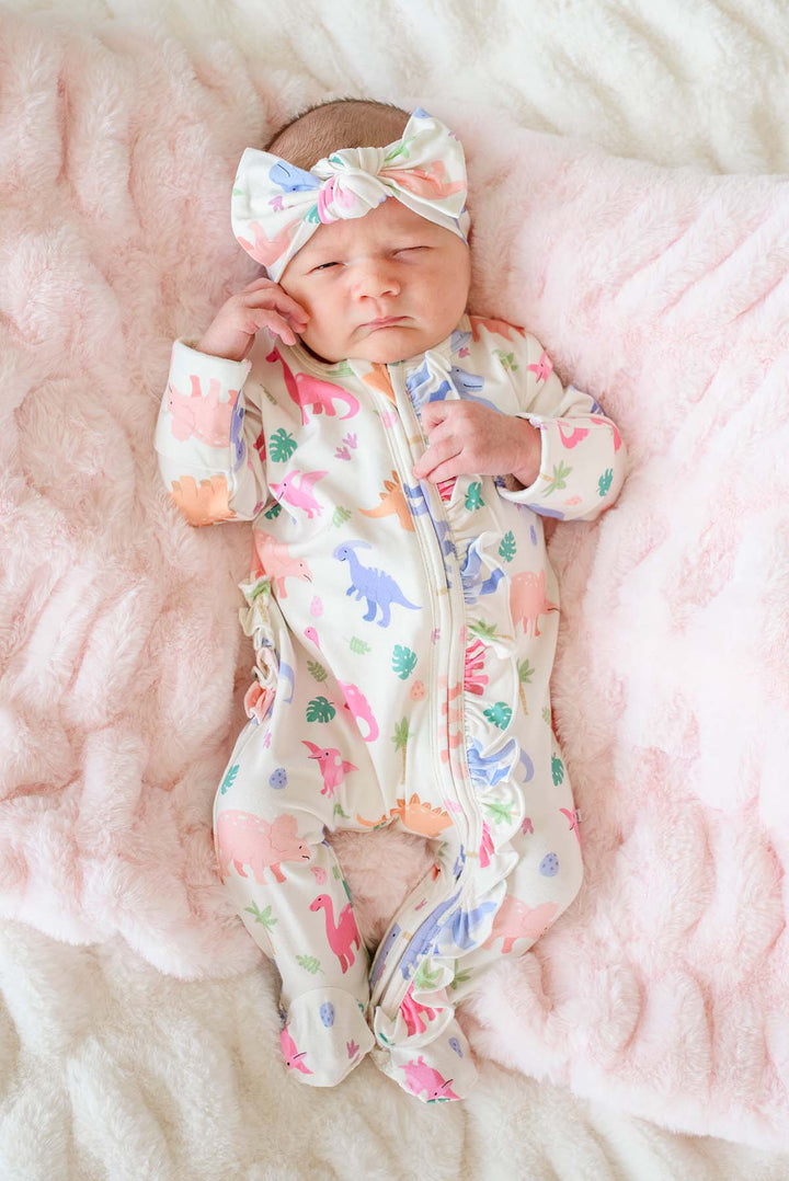 little fossil pink ruffle zipper footie with pink fluffy blanket