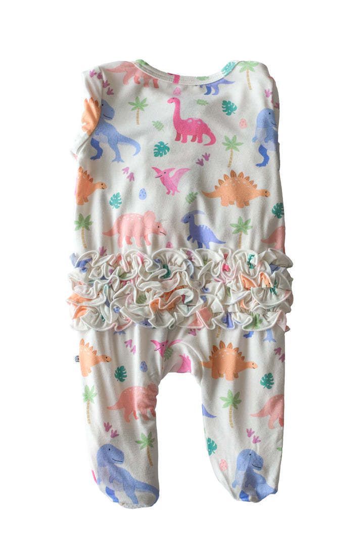 back view of little fossil ruffle zipper footie for baby girls 