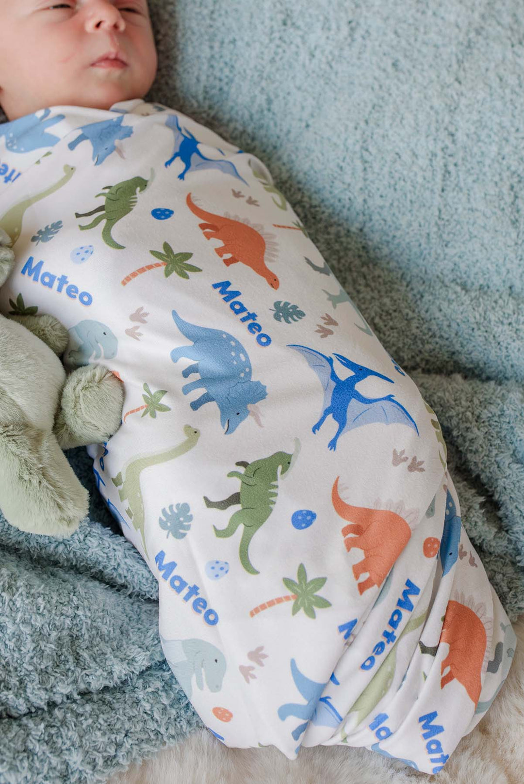 prehistoric themed personalized swaddle blanket for boys 