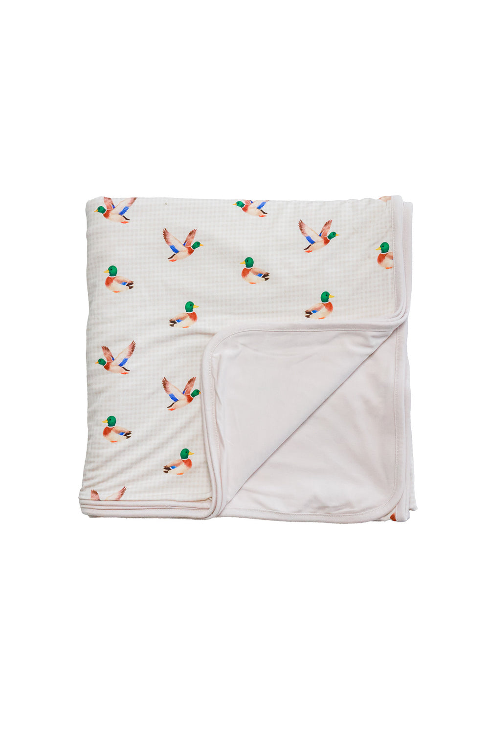 Folded little mallard duck print double-sided bamboo blanket showing duck print side and plain reverse side
