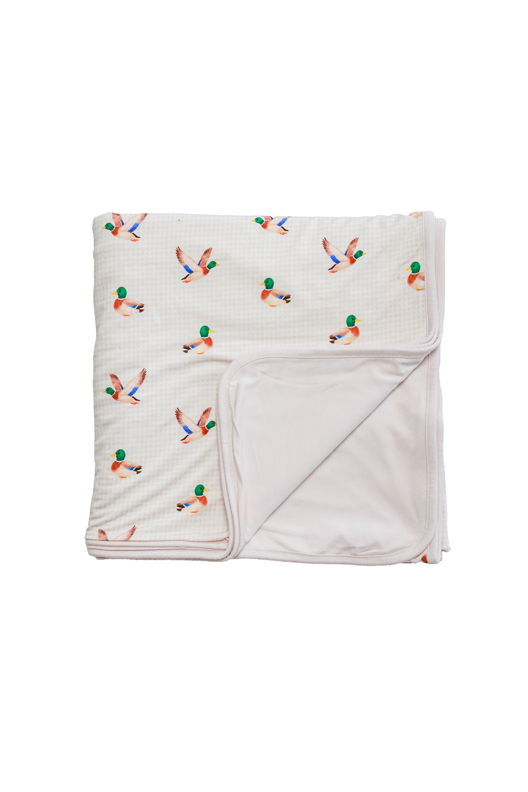 Folded little mallard duck print double-sided bamboo blanket showing duck print side and plain reverse side