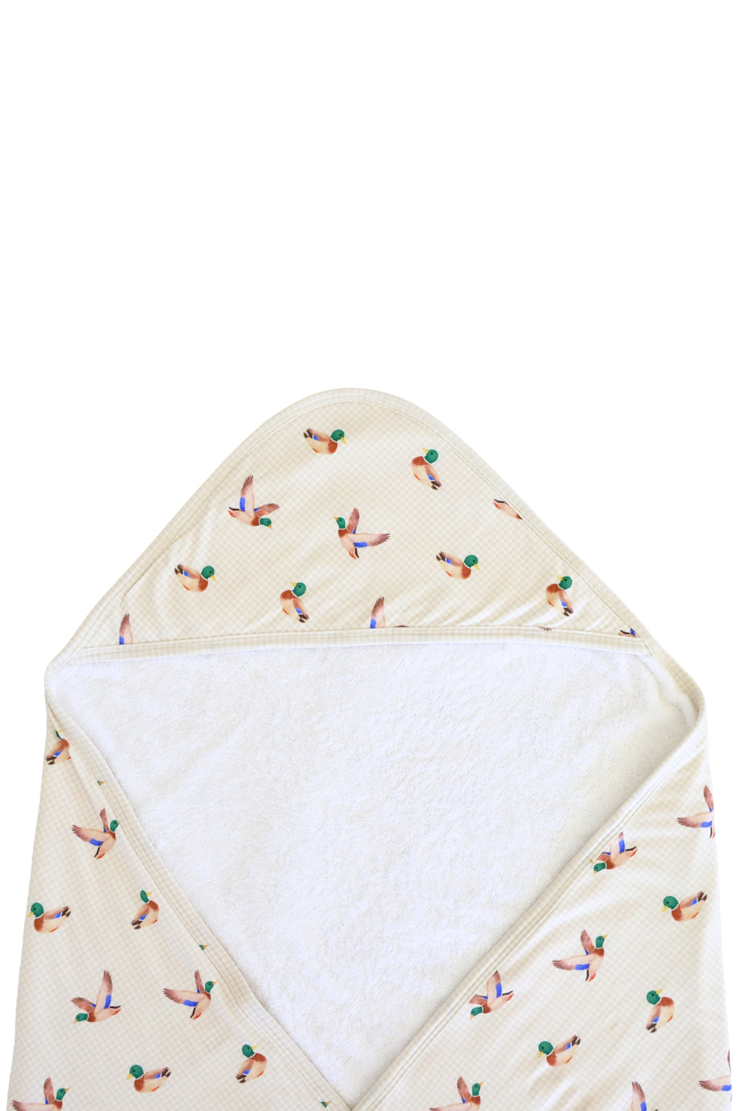 Flat lay of open little mallard duck print bamboo hooded towel showing mallard duck print exterior and white terry cloth interior