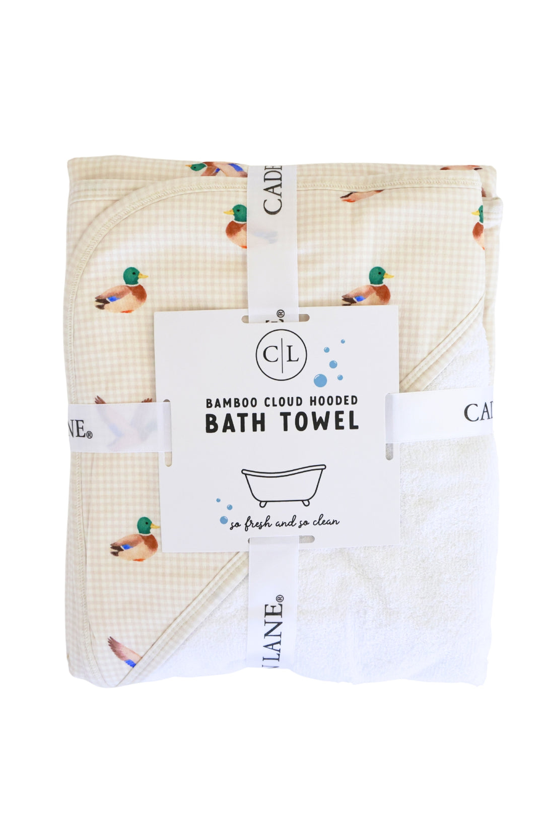 Little mallard duck print bamboo hooded towel in Caden Lane gift packaging with product label, tied with Caden Lane ribbon