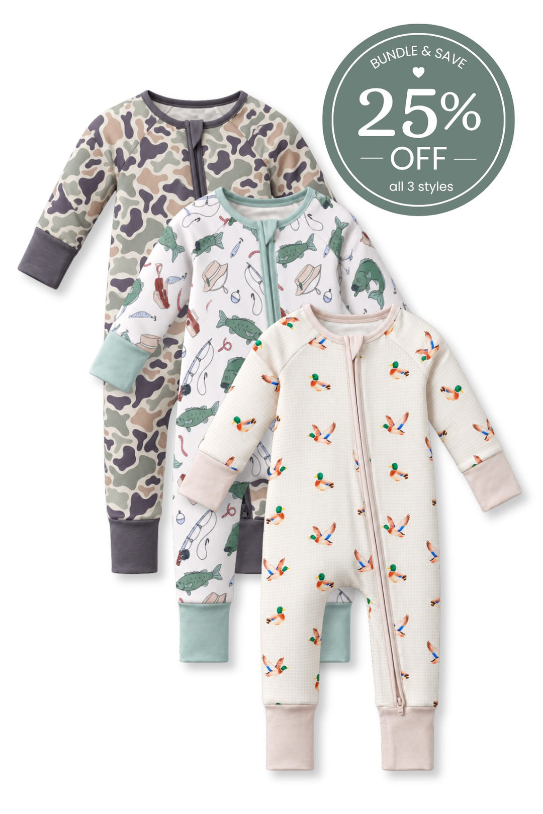 Flat lay of three Caden Lane zip rompers in green camo, bass fishing, and mallard duck prints, with fold-over cuffs.