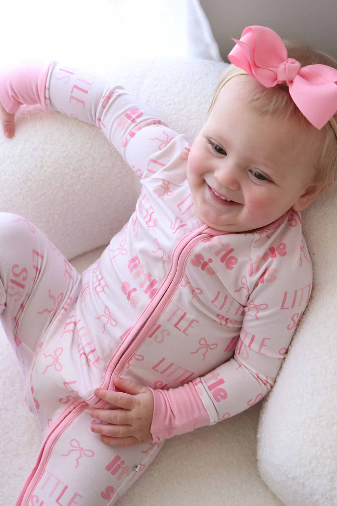 bow little sis pink convertible zip romper with pink ribbon bow headband 