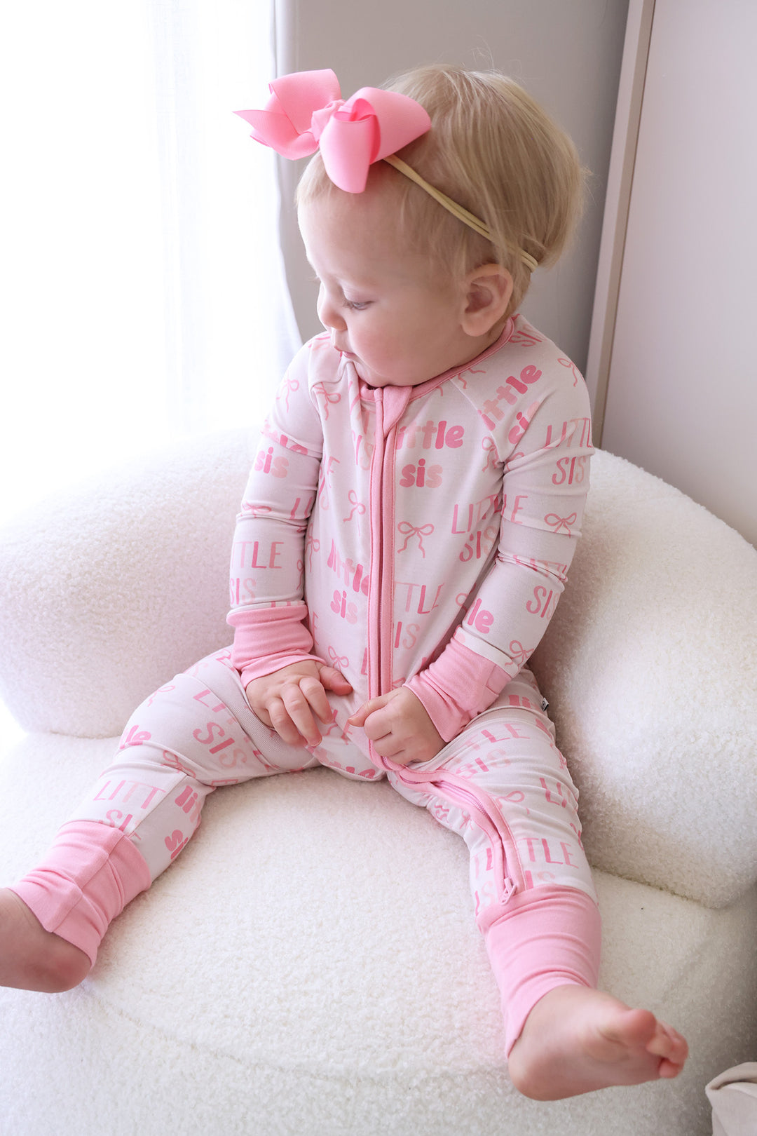 pink little sis bow convertible zip romper pajama with flip mitts and footies