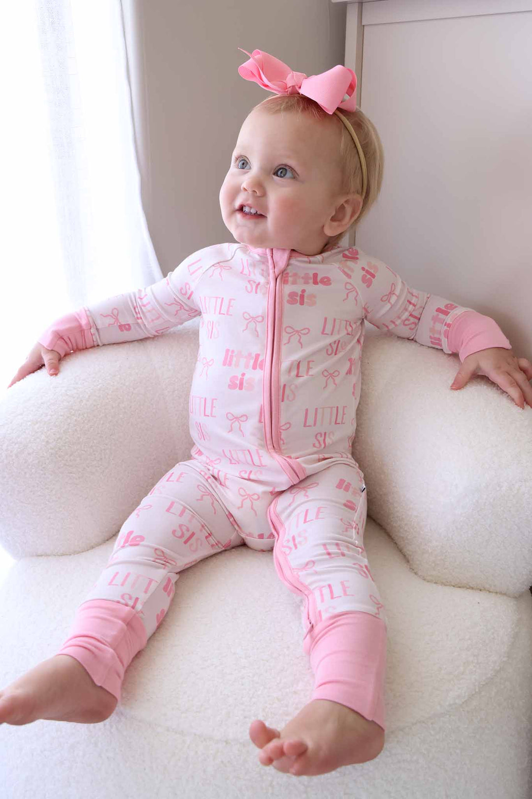 pink bow little sis block letter convertible zip romper pajama with flip mitts and footies 