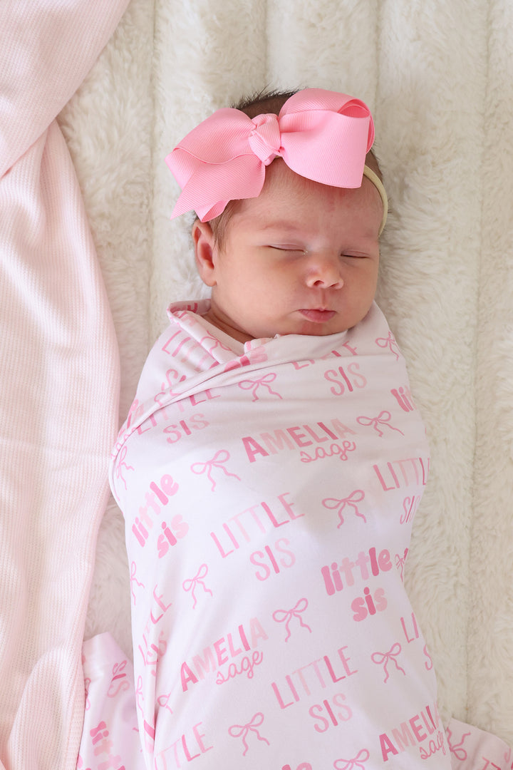 little sis block letter and bow personalized swaddle blanket for girls 