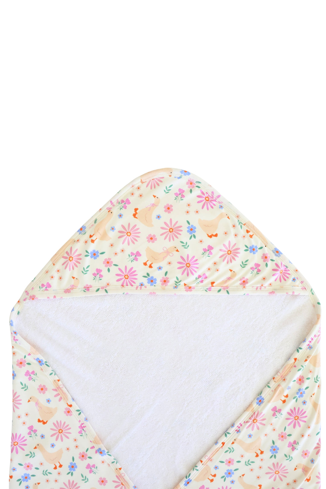 Lucy Goosy Embroidered Bamboo Hooded Towel laid flat and open from above, showing the exterior duck and floral print pattern with white terry cloth interior on a white background