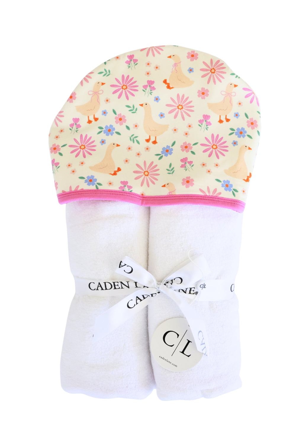 Lucy Goosy Embroidered Bamboo Hooded Towel folded and tied with a Caden Lane ribbon, showing the duck and floral print hood with pink trim on a white background