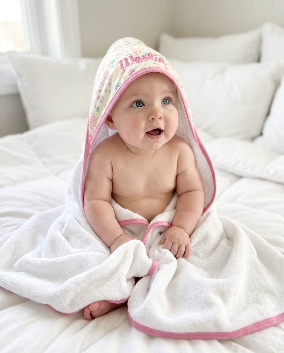 Smiling baby sitting on a white bed wearing the personalized Embroidered Bamboo Hooded Towel in the Lucy Goosy floral print with name embroidered on the hood and pink trim