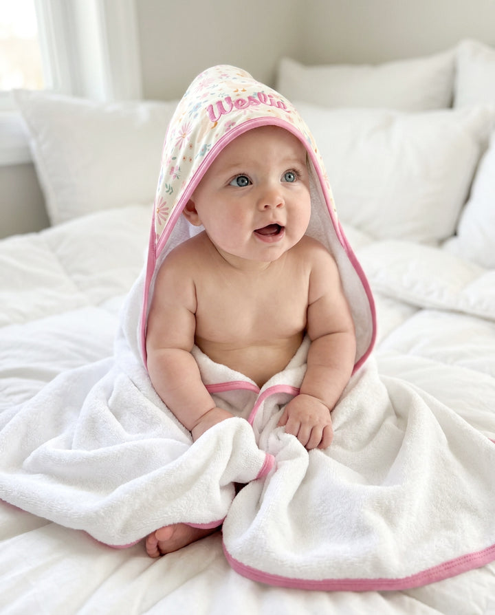 Smiling baby sitting on a white bed wearing the personalized Embroidered Bamboo Hooded Towel in the Lucy Goosy floral print with name embroidered on the hood and pink trim