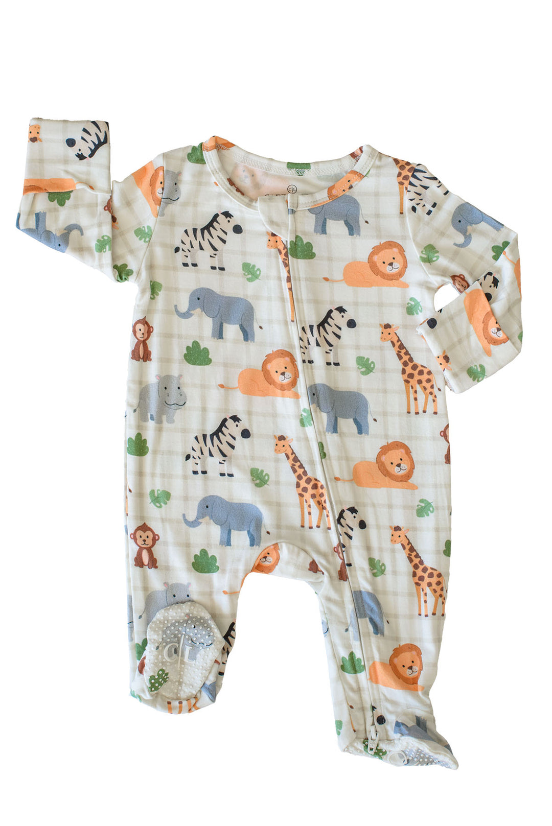 Flat lay of a Caden Lane zipper footie in a Wild Child print featuring zebras, lions, elephants and giraffes, with fold-over mitten cuffs and grip soles.