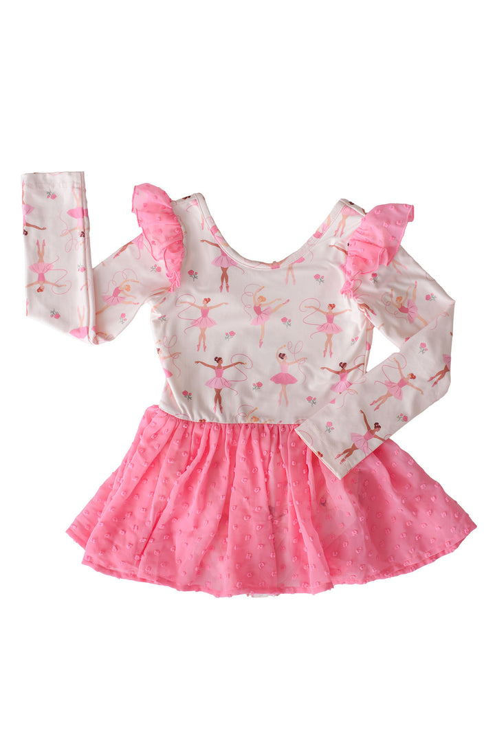 Flat lay of a Caden Lane long-sleeve leotard in a ballerina print featuring dancers with ribbons and pink roses on blush, with pink swiss dot flutter sleeves and an attached swiss dot mesh skirt.