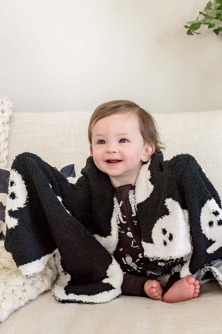 black and white ghost reversible microfiber blanket for halloween 