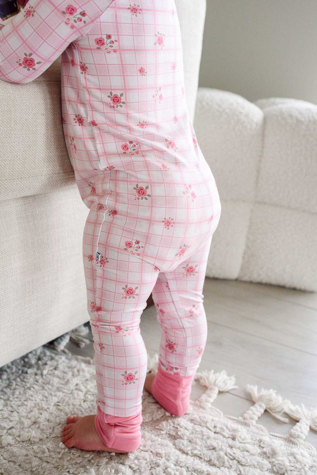 Rear view close-up of Primrose Plaid romper back seam