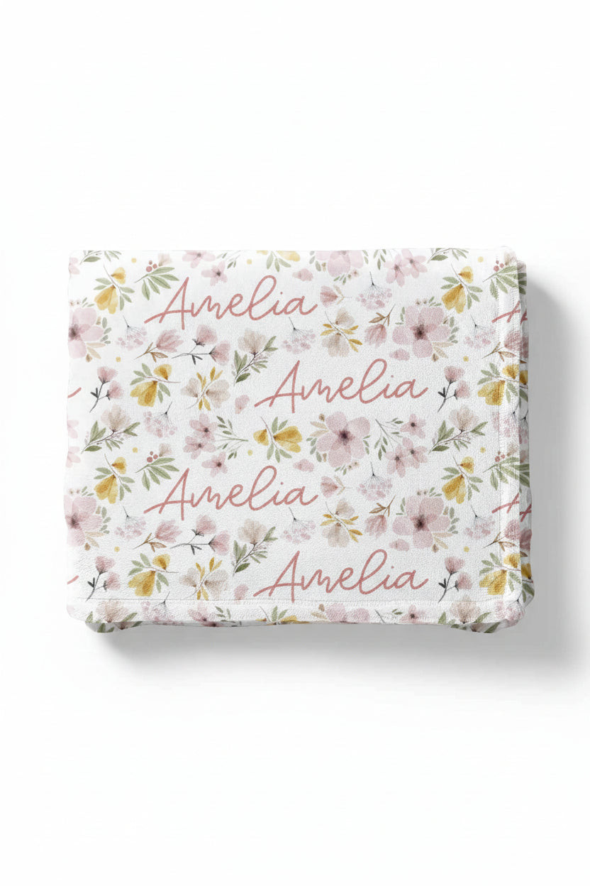 mauve and mustard floral personalized toddler blanket 