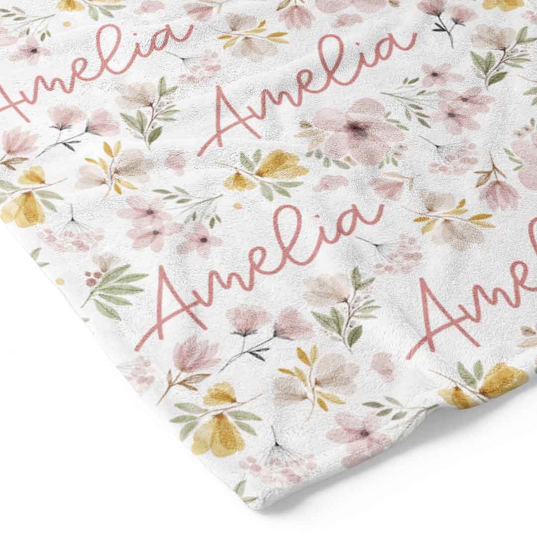 mauve and mustard floral personalized toddler blanket