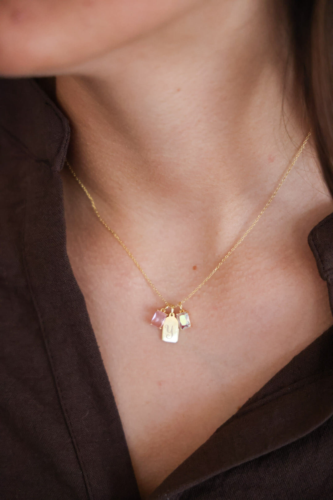 mom engraved tag necklace with birthstones