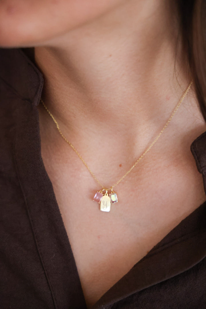mom engraved tag necklace with birthstones