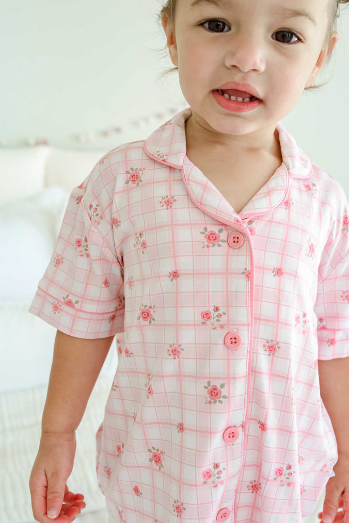 Close-up portrait of girl wearing Primrose Plaid pajama shirt