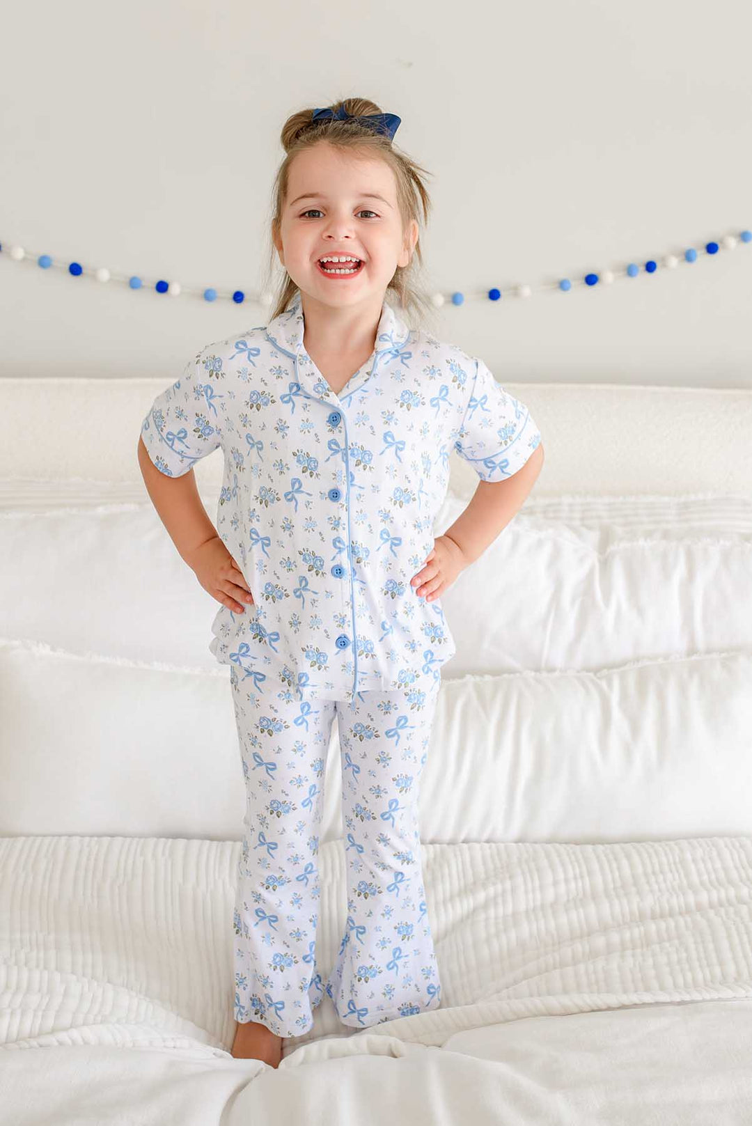 tied in blooms collared short sleeve button up flare pant lounge set for girls 