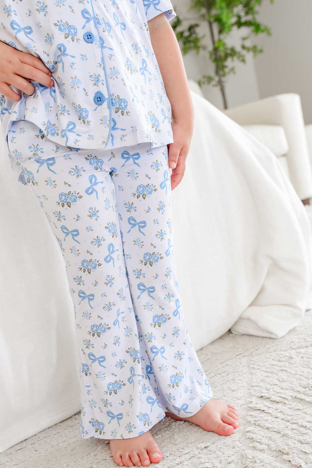 closeup of tied in blooms flare lounge pant for girls