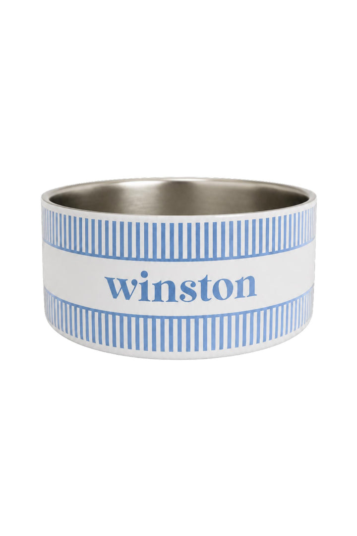 Morning Mist personalized stainless steel pet bowl with blue and white pinstripe design and Winston printed in navy serif font, product mockup on white background