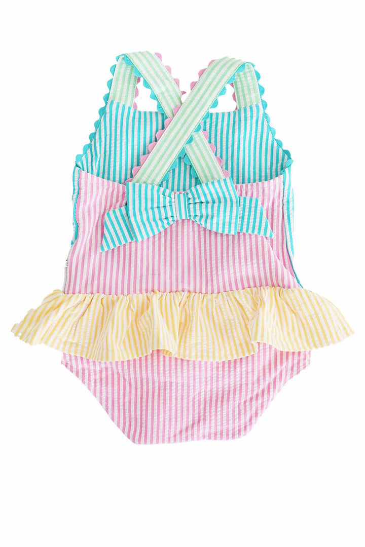 multicolor seersucker bow back one piece 
