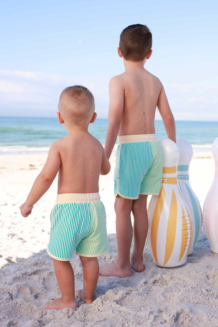 back view of two brothers holding hands on the beach wearing multicolor seersucker swim trunks 
