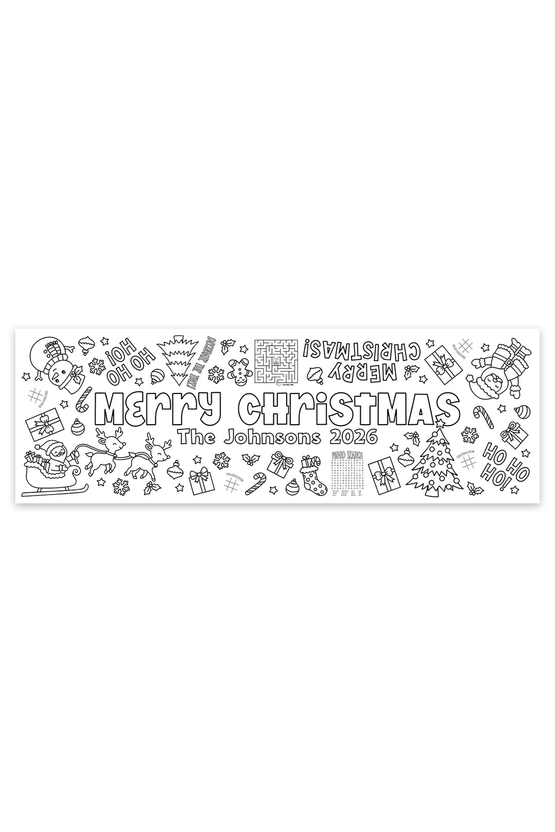 Personalized Merry Christmas coloring banner with family name and year, Santa, reindeer, maze, word search, and tic-tac-toe