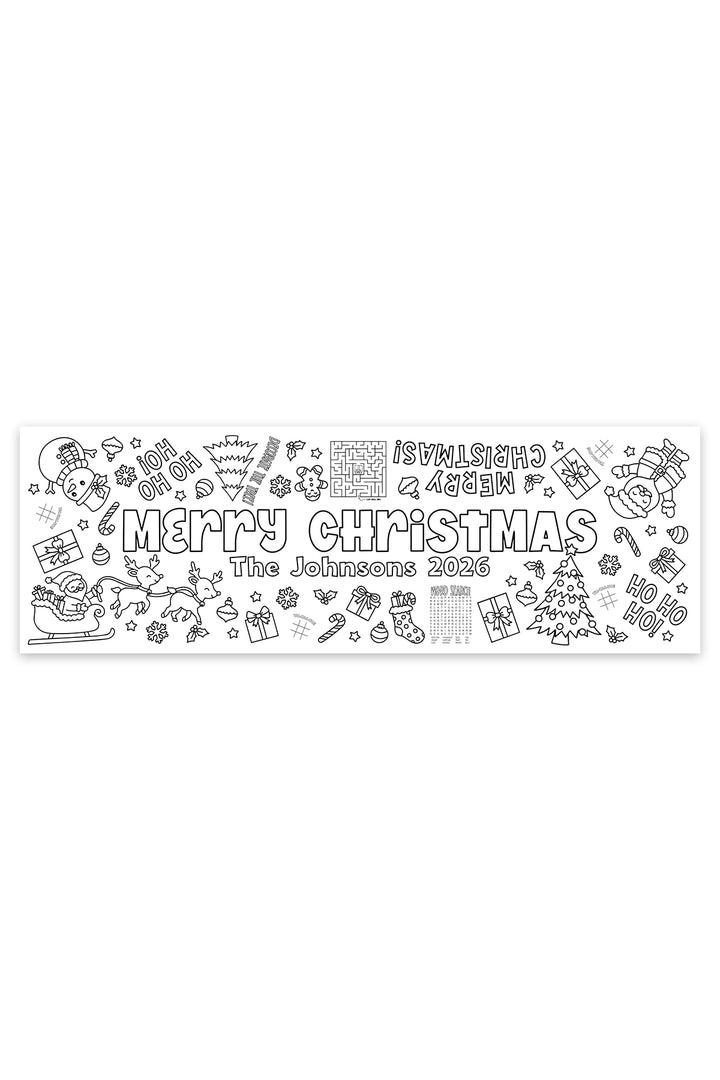 Personalized Merry Christmas coloring banner with family name and year, Santa, reindeer, maze, word search, and tic-tac-toe