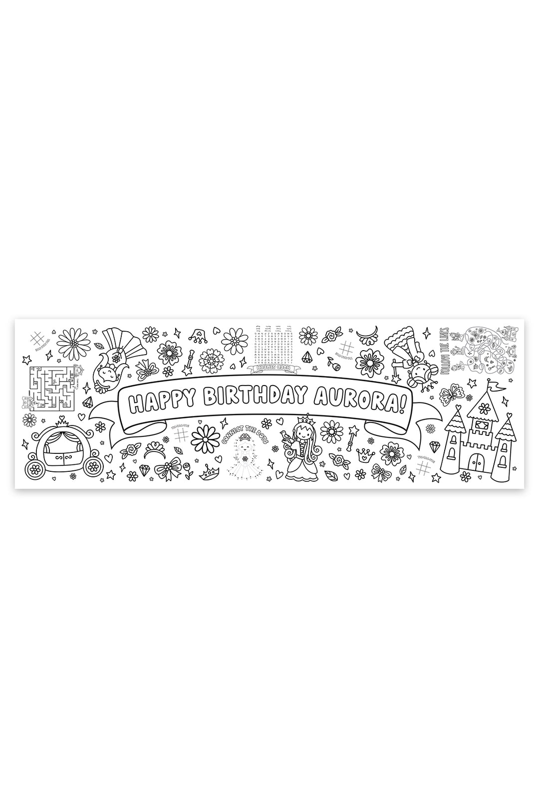 Personalized princess-themed coloring banner reading 'Happy Birthday Aurora!' surrounded by black-and-white line art of a princess, castle, carriage, flowers, and crowns, with activities like a maze and word search.