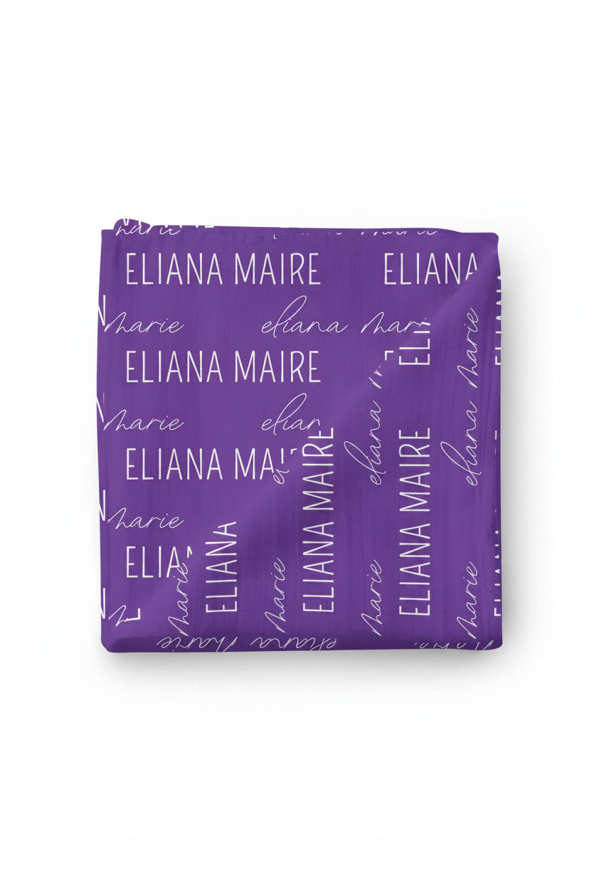 purple personalized swaddle blanket block and script