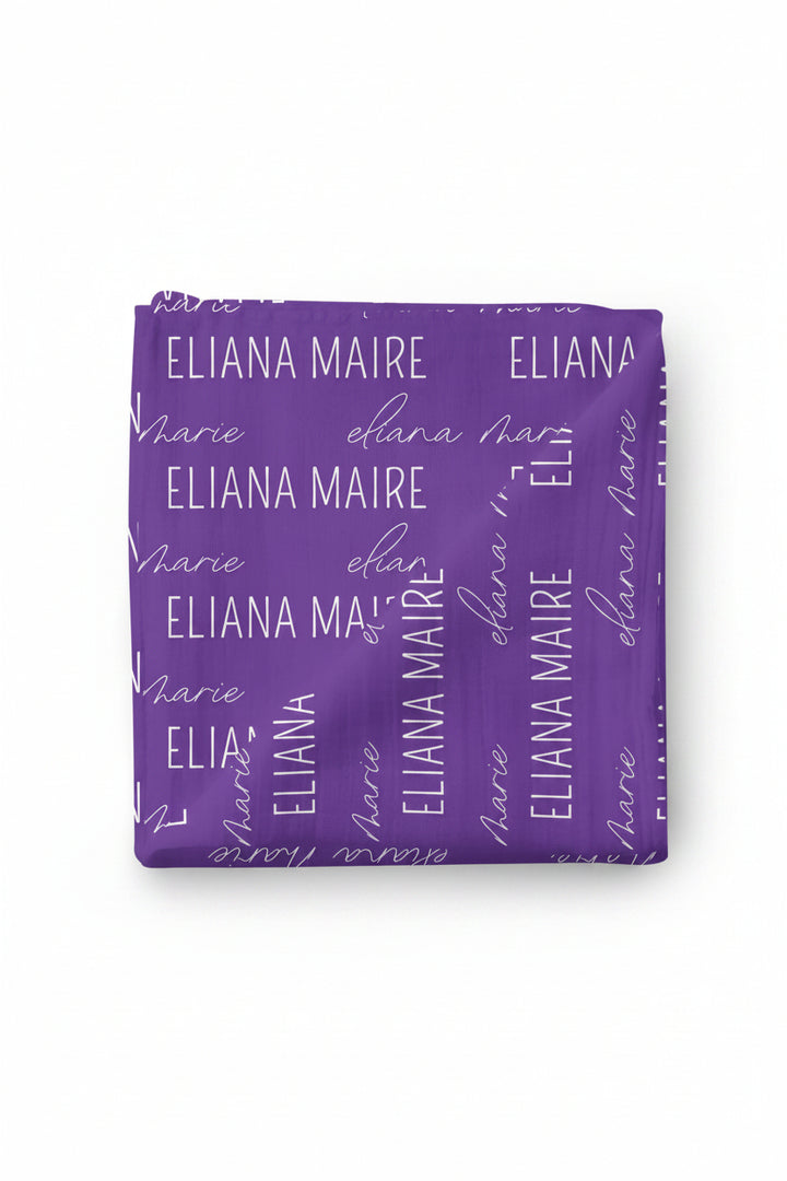 purple personalized swaddle blanket block and script