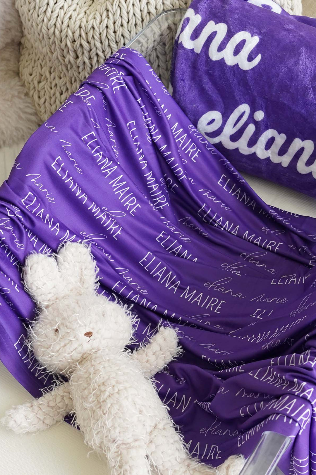 personalized swaddle blanket block and script purple