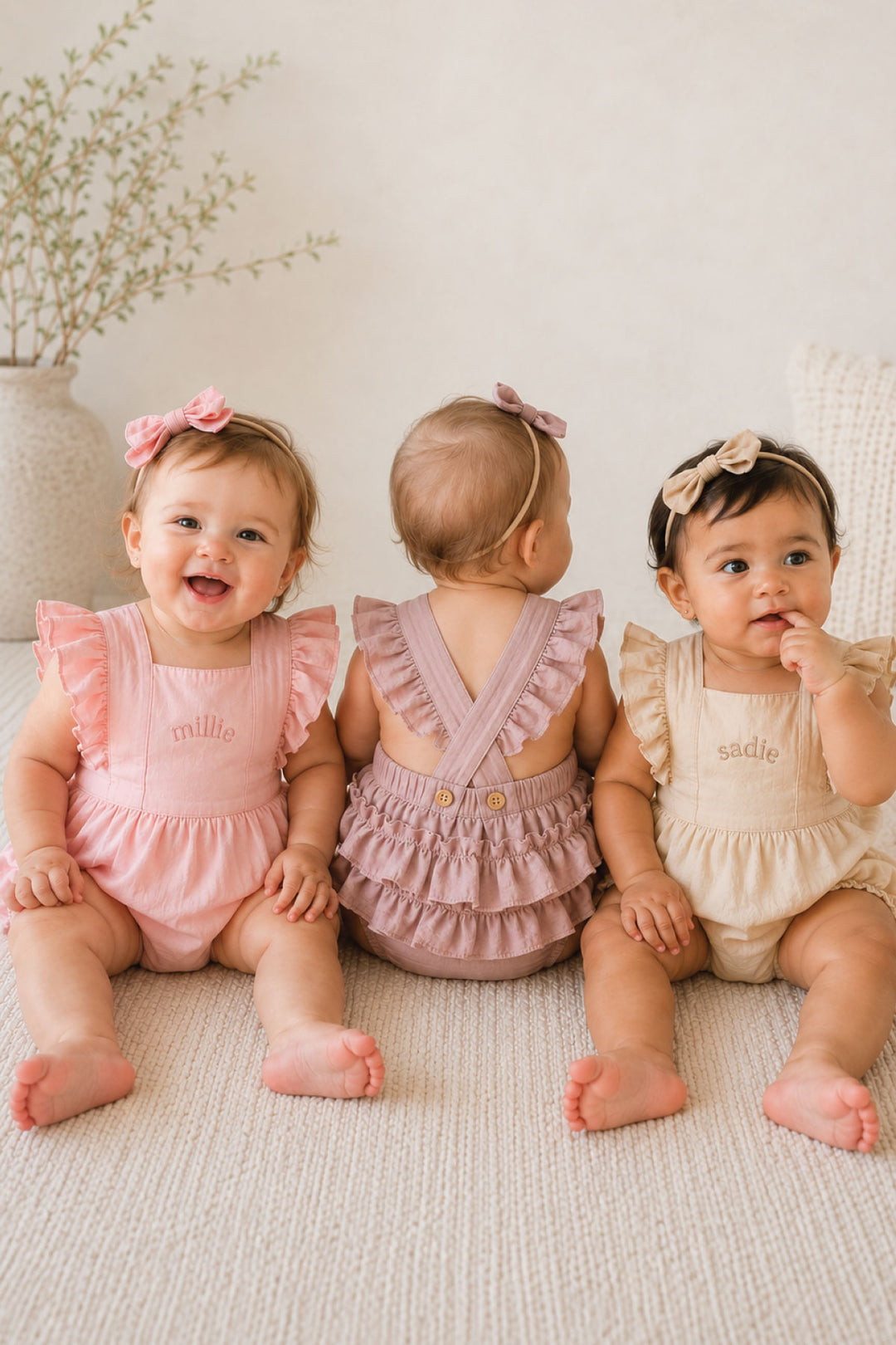 three girl in ruffle back embroidered rompers