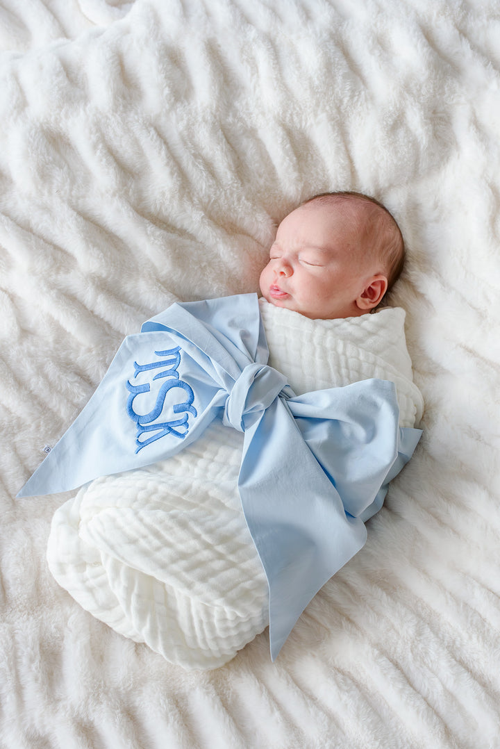 light blue newborn bow sash with monogram