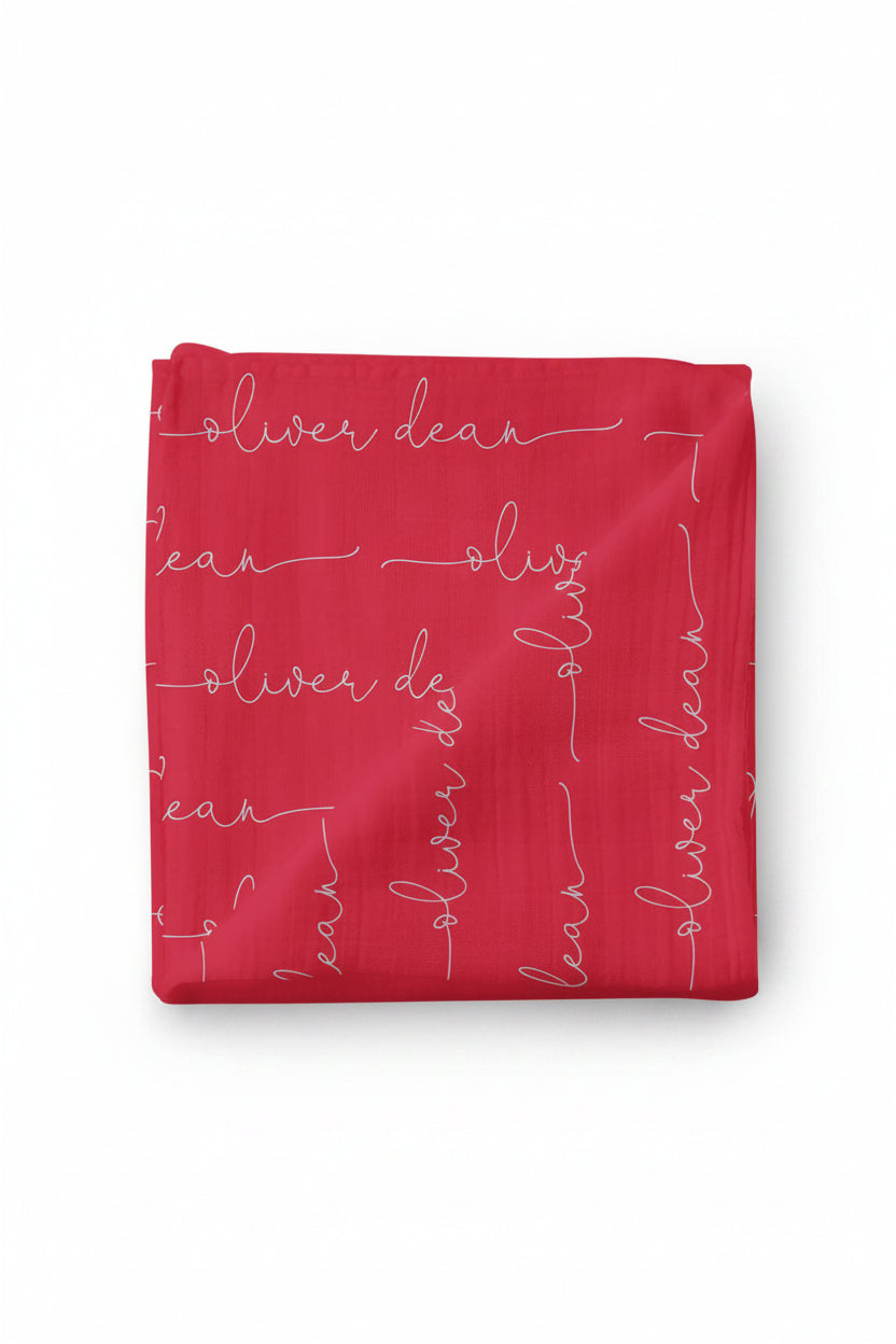 red and grey personalized swaddle blanket script font