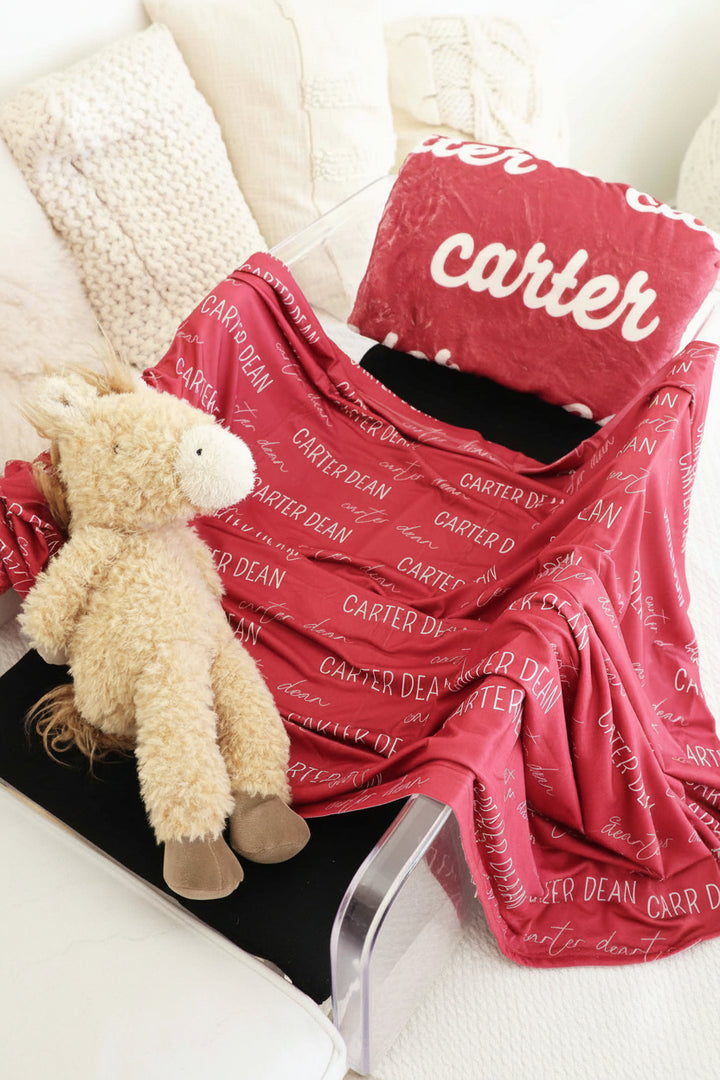 personalized red swaddle blanket 