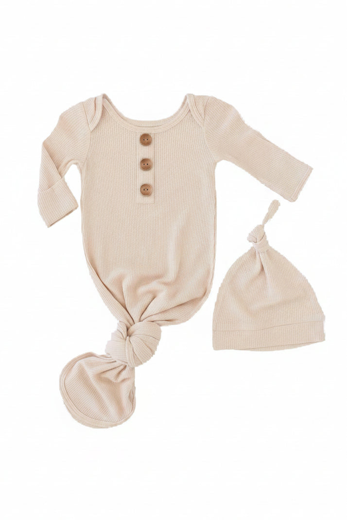 newborn knot gown and hat set oatmeal waffle 