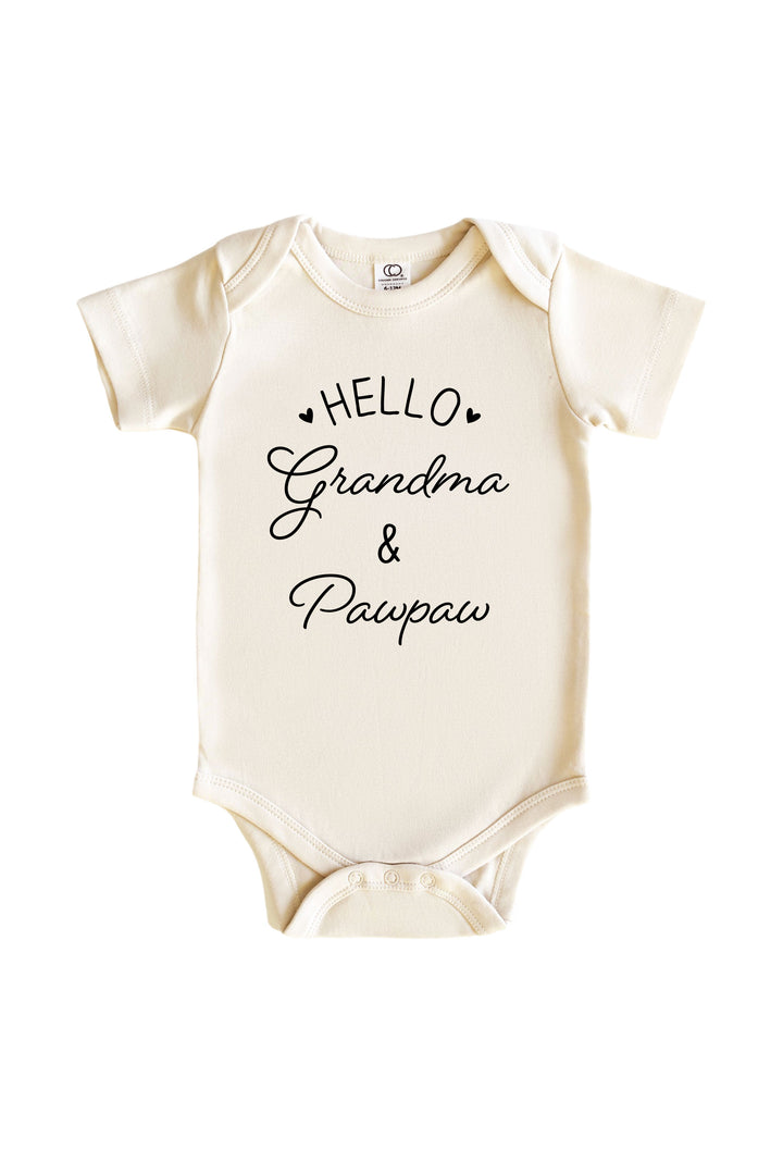 natural cotton infant bodysuit with personalized hello grandparents graphic, perfect ivf baby announcement gift