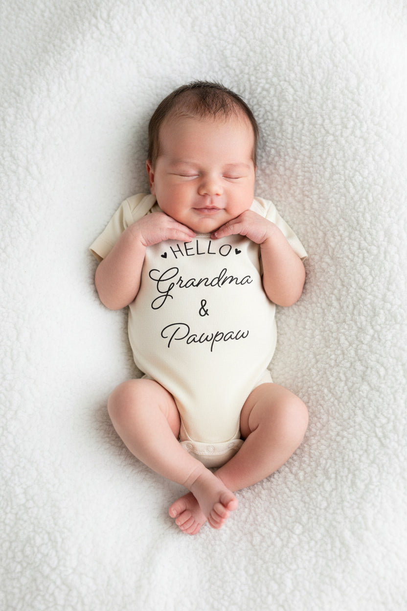 personalized hello grandparents graphic cotton bodysuit in natural, conceive fertility foundation