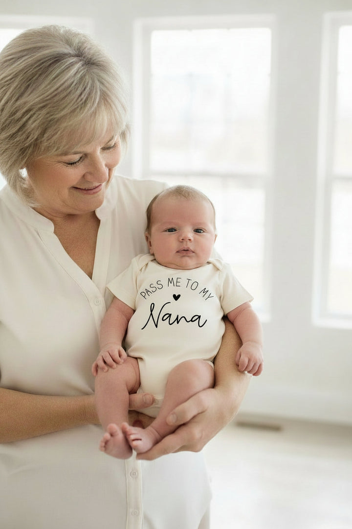 personalized pass me to grandma graphic cotton bodysuit in natural, conceive fertility foundation collection