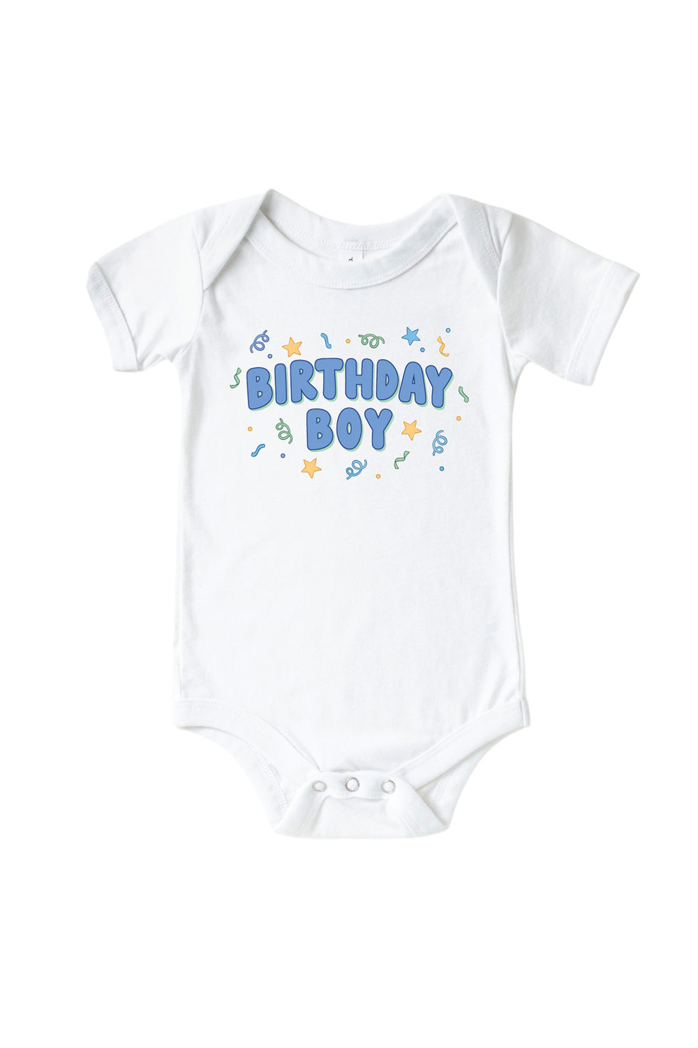 Caden Lane Birthday Bash white baby bodysuit with "Birthday Boy" printed in blue bubble letters and confetti accents.