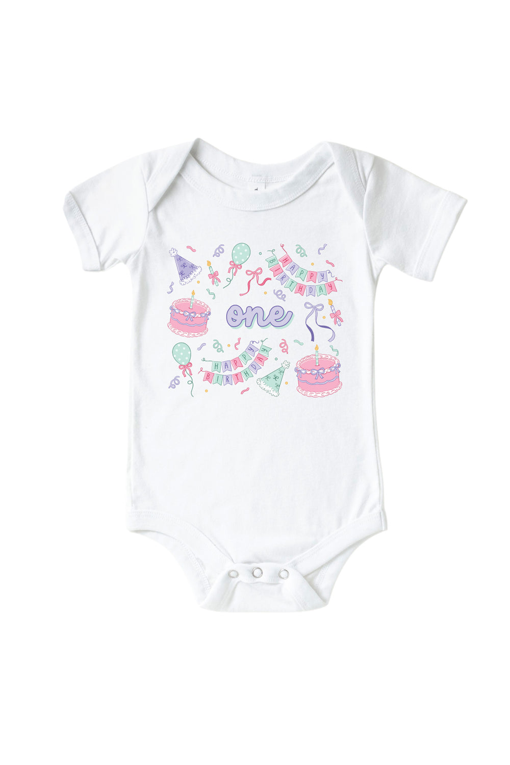 Caden Lane Birthday Bash white baby bodysuit with "one" in purple script, surrounded by cake and party hat print in pink and mint.