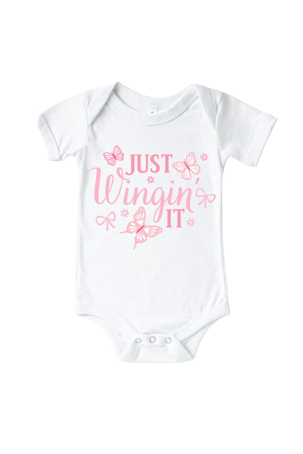 Just Wingin' It Graphic Bodysuit in Blooming Butterflies print - baby bodysuit featuring pink "Just Wingin' It" text with butterfly and bow accents