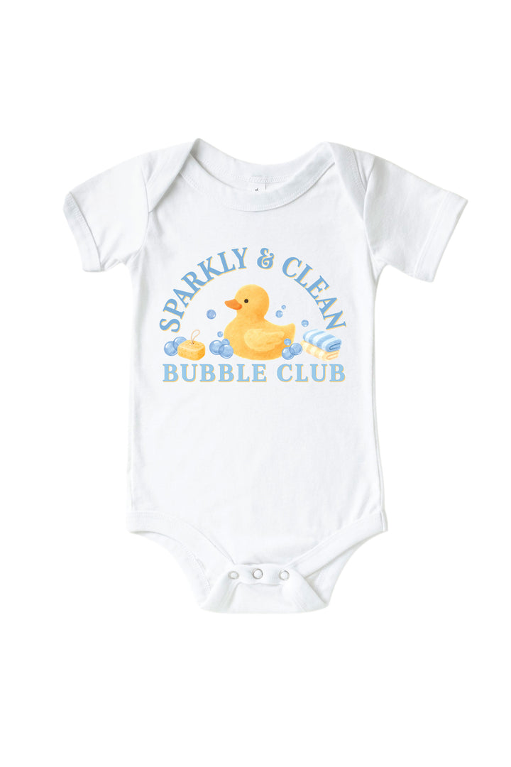 White baby bodysuit with blue Sparkly and Clean Bubble Club graphic featuring yellow rubber duck with bubbles on front
